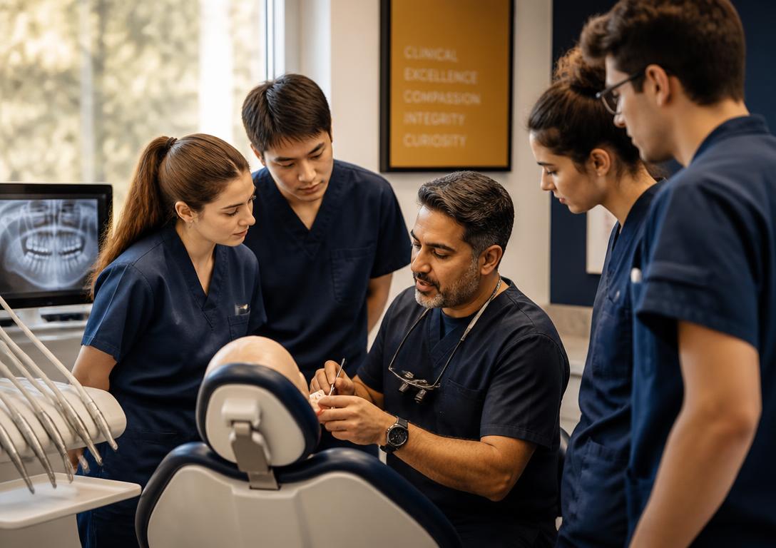 Dental students around a clinical chair with an instructor
