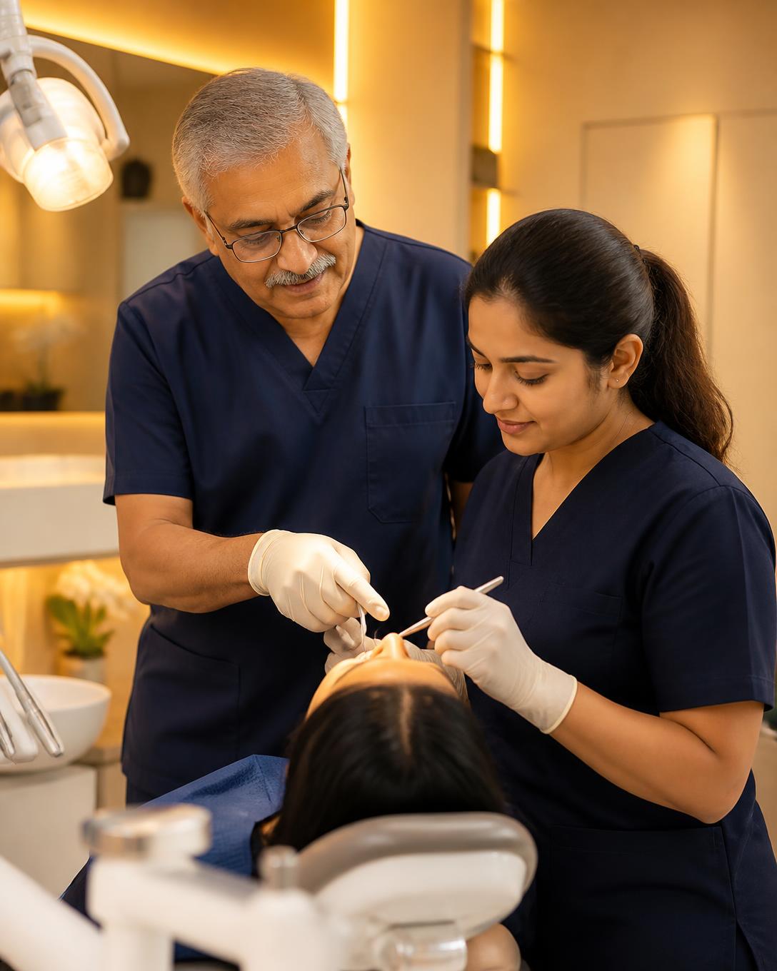 A senior mentor guiding a young dentist at a dental chair